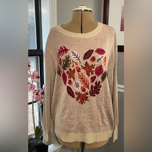 LOFT sz XL Beige Sweater with Colorful Leaf Design